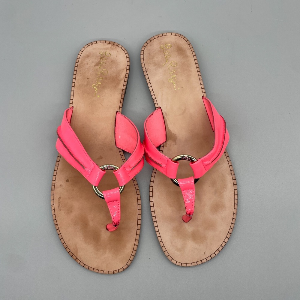 Lilly Pulitzer Womens 8.5M Neon Pink Leather Ring Thong Sandals Flat Preppy Chic